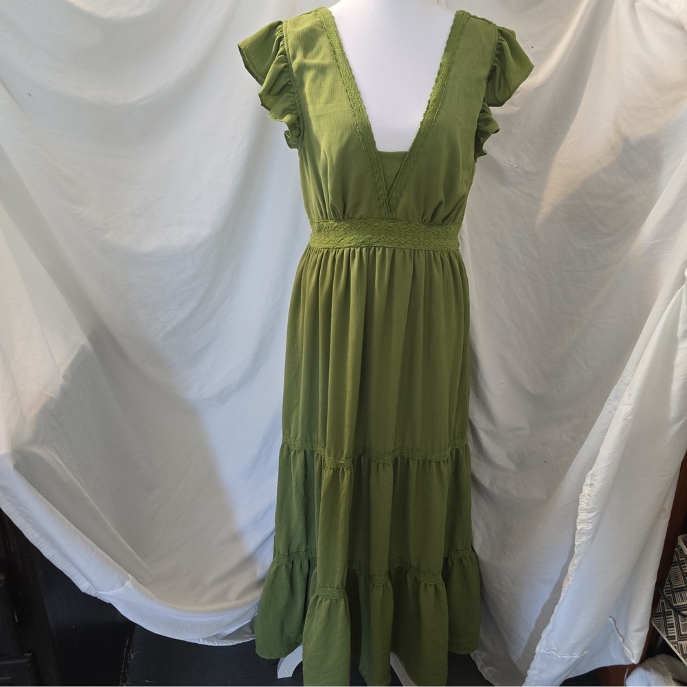 Penelope Rose Olive Green Crochet Lace Trim Maxi Dress Boho Cottagecore Sz XL
